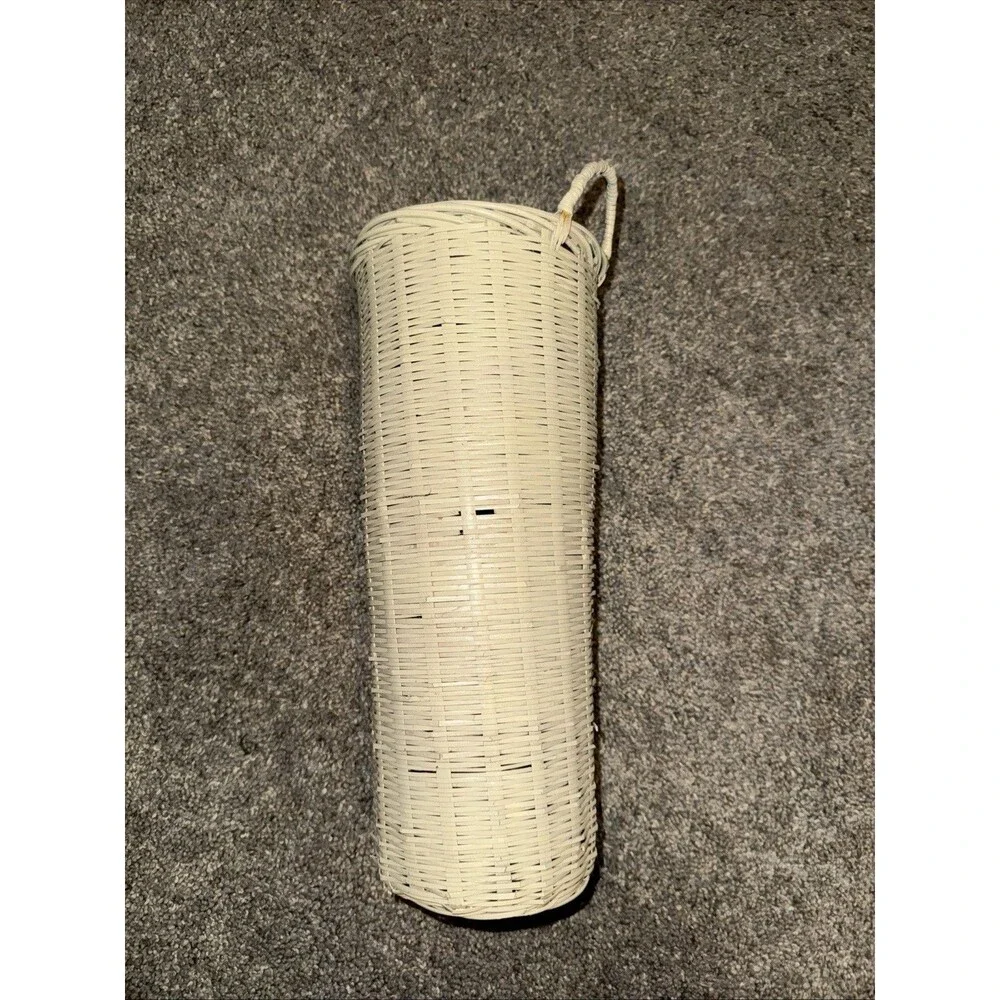 Vtg Off White Wicker Hanging Decorative Basket W Handle Rustic Farmhouse Painted